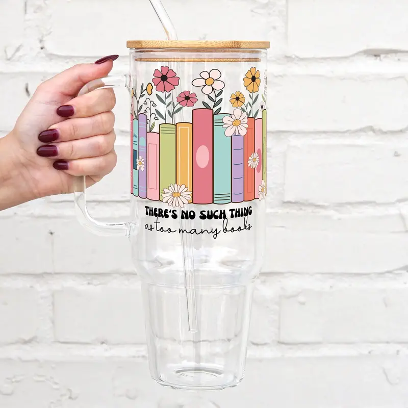 Sip-Sip Hooray! 40oz No Such Thing As Too Many Books Tumbler – Glass Cup with Handle, Lid & Straw, Retro Book Lover Gift, R...