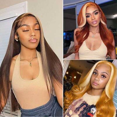 Highlight Wig Skunk Stripe Hair 13*4 Lace Front Wigs Straight-Ashimary Hair