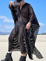 Men Black Striped Half Sleeve Pullover Bohemian Semi Sheer V-Neck Cape Robe