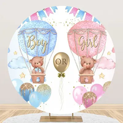 Blue Pink Hot Balloon Round Gender Reveal Backdrop - Aperturee