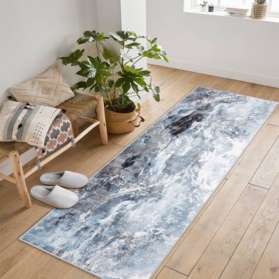 Garvee Machine Washable Non-Slip Rubberback Runner Abstract Geometric Print Carpet for Hallway Bedroom Living Room 2x6 Blue