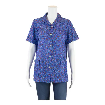 Blouse Blue Collared Floral Short Sleeve Womens M