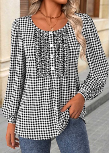 Modlily Black Frill Plaid Long Sleeve Round Neck Blouse - XL