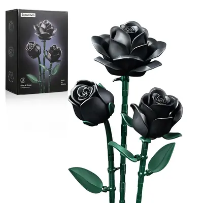 Supreowls Three-branched Black Rose Bouquet Building Set, Botanical Collection Blocks Kit for Adults and Women, Elegant Gothi...