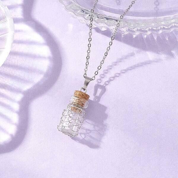 Copper Wire Wrapped Empty Glass Bottle Pendant 304 Stainless Steel Cable Chain Necklaces for Women Men