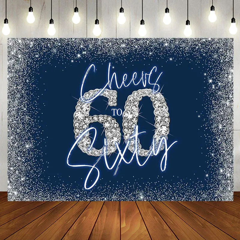 Cheers To Sixty Blue Silver 60th Birthday Backdrop - Aperturee