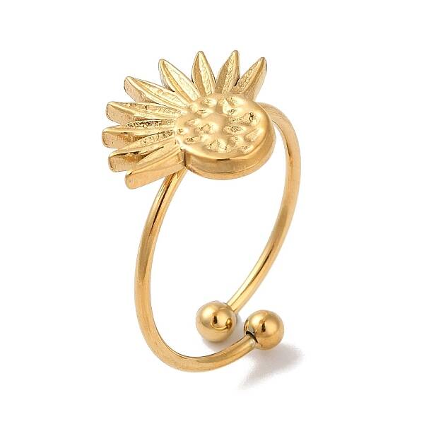 Ion Plating(IP) 304 Stainless Steel Sunflower Open Cuff Rings for Women