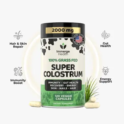 Immerge Health Super Colostrum Capsules 2000mg - 120 Veggie Capsules for Gut Health, Energy Support & Immunity Boost - 100% G...
