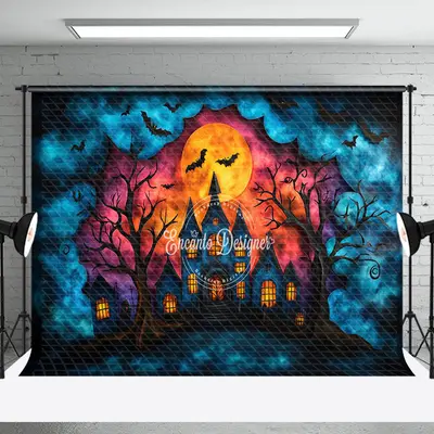 Aperturee Dark Moon Night Castle Bats Halloween Photo Backdrop - Aperturee