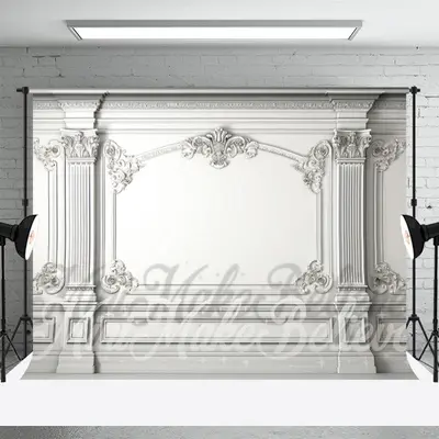White Outline Fancy Baroque Retro Wall Backdrop - Aperturee