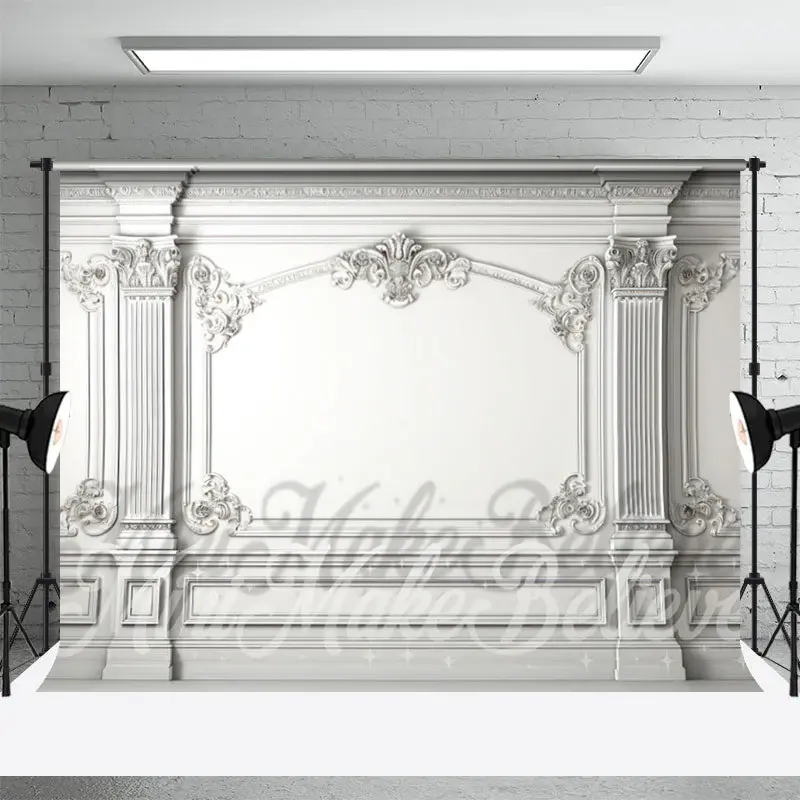 White Outline Fancy Baroque Retro Wall Backdrop - Aperturee