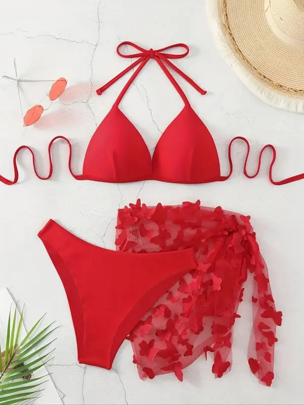 Three-Piece Set Women's Appliques Bikinis Set, Swimsuit Sets Bathing Suits, Pool Bikini, Tie Back Halter Triangle Swim Bra &...