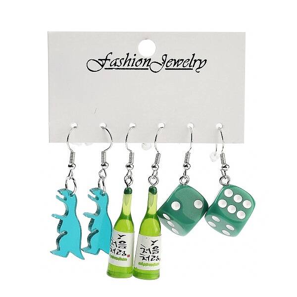 3 Styles Summer Dinosaur & Bottle & Dice Acrylic Dangle Earring Sets for Women