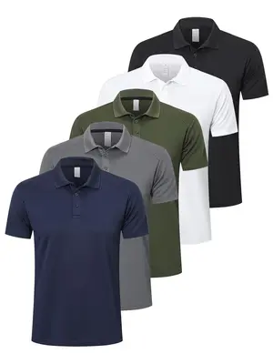 Men's Solid Color Short Sleeve Polo Collar Shirt, Golf Shirt, Casual Regular Fit Button Front Collared Polo Top for Golf Busi...