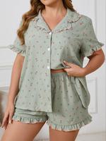 【Plus Size】 Floral Print Shortsleeve Pajama Set, Casual Comfy Button Up Top & Shorts Pj Set, Women's Sleepwear for Summer...