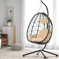 Hanging Egg Chair with 350lbs Capacity Stand - Indoor/Outdoor Wicker Rattan with Grey Cushions - Perfect for Bedroom, Balcony...