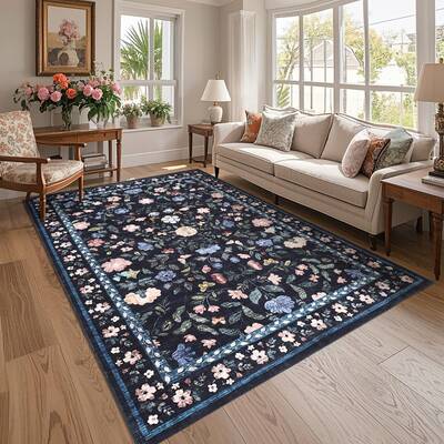 Garvee Washable Area Rug 8x10 Non-Slip Soft Vintage Living Room Rug, Low Pile Farmhouse Floral Carpet, Non-Shedding Foldable ...
