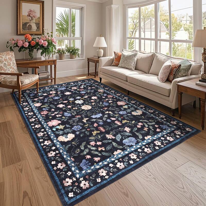Garvee Washable Area Rug 8x10 Non-Slip Soft Vintage Living Room Rug, Low Pile Farmhouse Floral Carpet, Non-Shedding Foldable ...