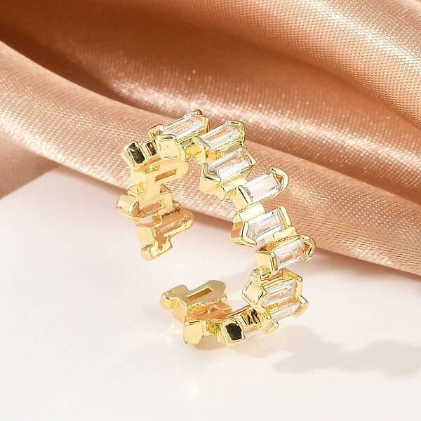 Rectangle Brass Micro Pave Clear Cubic Zirconia Open Cuff Rings for Women