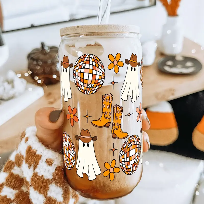 Sip-Sip Hooray! 16oz Western Ghost Halloween Glass Can Cup – Bamboo Lid & Straw, Aesthetic Handmade Drinkware, Reusable & W...