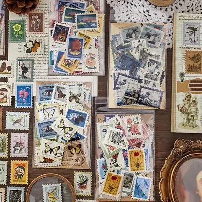 Random Vintage Stamp Sticker, 40pcs DIY Decorative Sticker, Retro Handbook Material Paper For Scrapbooking & Journal Making, ...