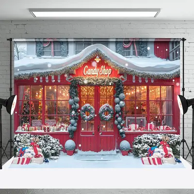 Snowy Red Wooden Candy Shop Grass Christmas Backdrop