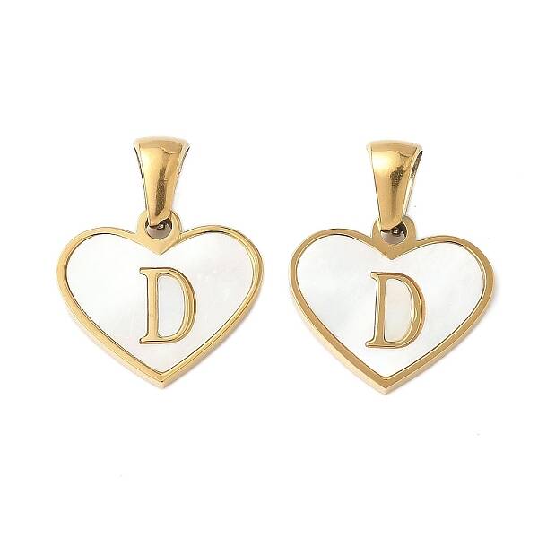 304 Stainless Steel Pave Natural White Shell Heart with Initial Slice Pendants