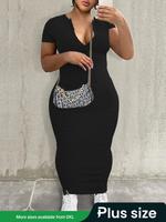 【Plus Size】 Solid Notched Neck Zipper Skinny Dress, Casual Fashion Short Sleeve Dress for Daily Outdoor Wear, Women Plus ...