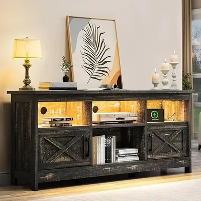 YITAHOME Farmhouse TV Stand with Power Outlet, Entertainment Center, LED Light Media Console, Simple TV Cabinet for Living Ro...