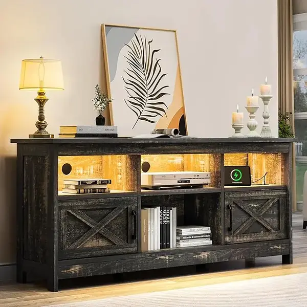 YITAHOME Farmhouse TV Stand with Power Outlet, Entertainment Center, LED Light Media Console, Simple TV Cabinet for Living Ro...