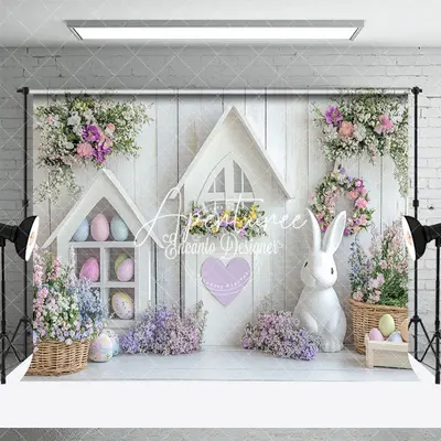 Aperturee White Wood Wall Eggs Bunny Floral Easter Backdrop, 3X2FT(1MX0.6M), 14 USD, easter backdrops, ENHD3J11-M