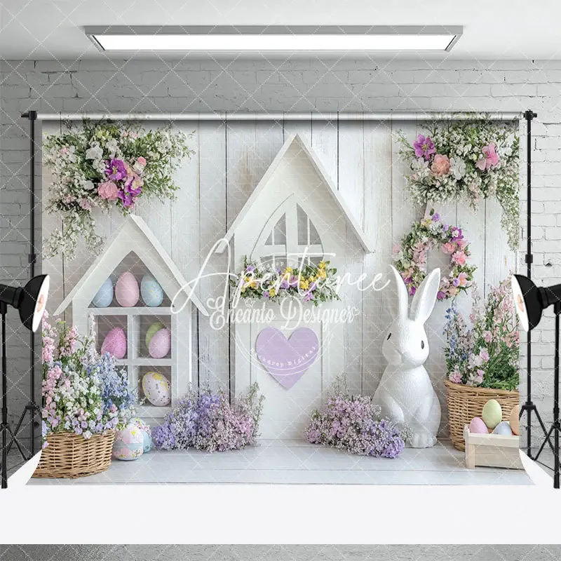 Aperturee White Wood Wall Eggs Bunny Floral Easter Backdrop, 3X2FT(1MX0.6M), 14 USD, easter backdrops, ENHD3J11-M