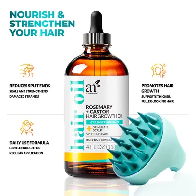 Artnaturals Organic Rosemary Castor Oil Hair Growth Kit with Comfort Scalp Brush - Choose from Keratin Blend, Biotin Vitamin ...