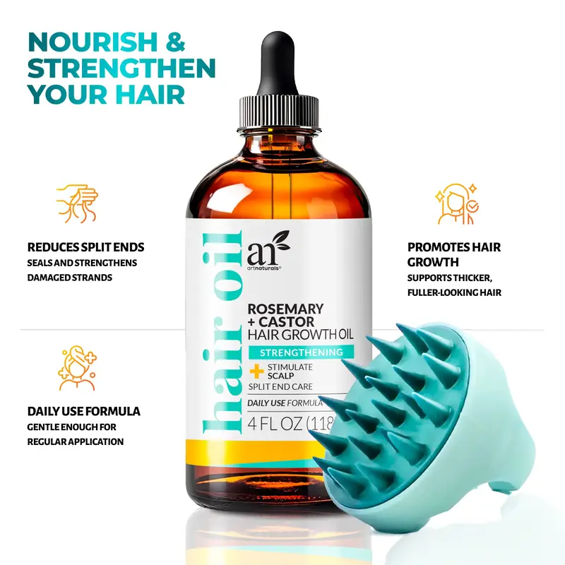 Artnaturals Organic Rosemary Castor Oil Hair Growth Kit with Comfort Scalp Brush - Choose from Keratin Blend, Biotin Vitamin ...