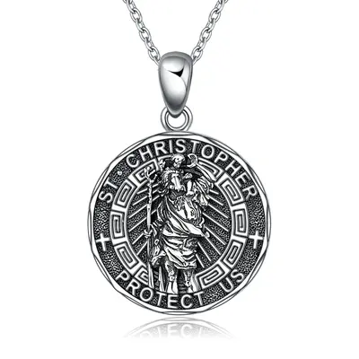 Sterling Silver Saint Christopher Engraved Pendant Necklace for Women Men