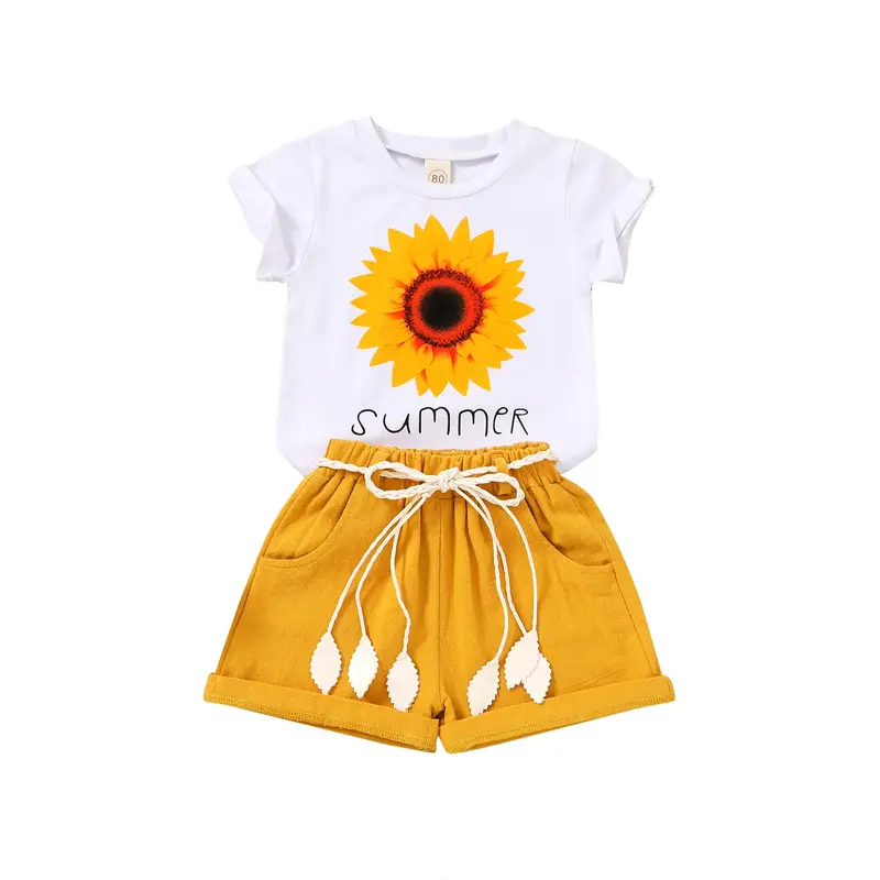 WAMSOBY Girls Clothes T-shirt + Linen Shorts with Belt Cute Summer Short Set