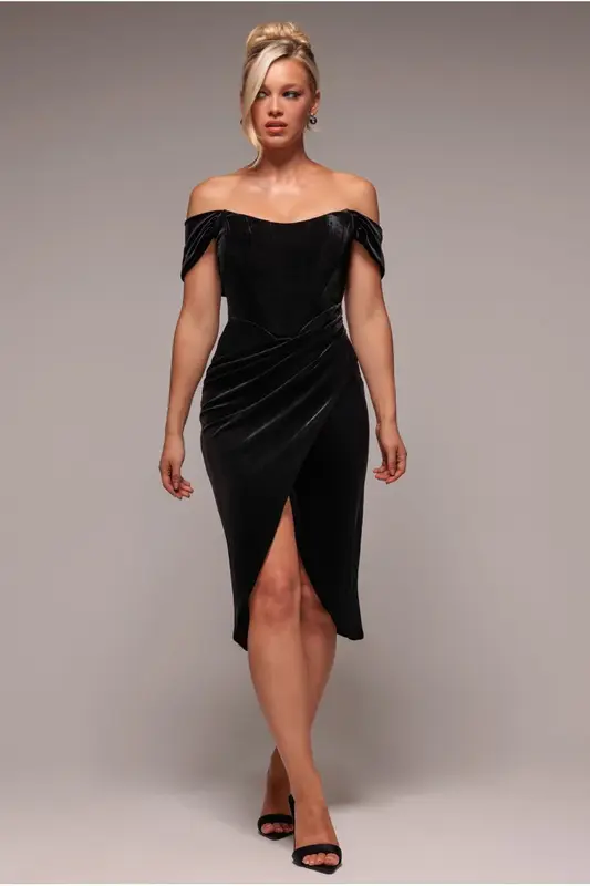 Goddiva Draped Shoulder Velvet Corset Midi Dress - Black
