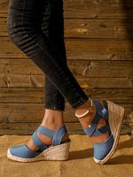 Women's Summer 2024 Fashion Cross Strap Closed Toe Espadrille Wedge Sandals, Simple Plain Color & Leopard Print Decoration St...