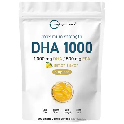 Micro Ingredients Omega 3 Fish Oil DHA Supplements 1000mg with EPA 500mg, 200 Softgels – Lemon Flavored