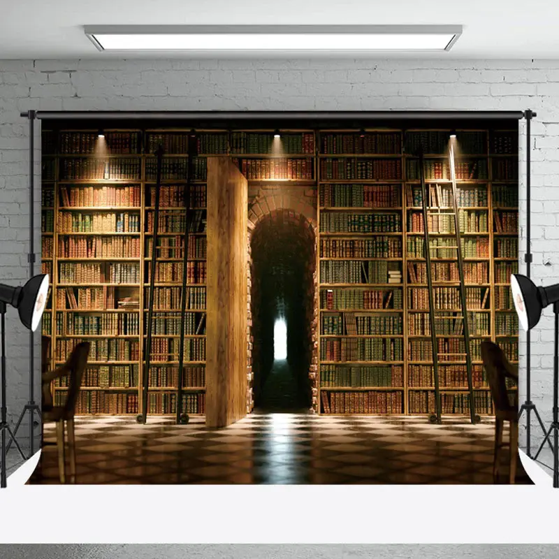 Retro Arch Door Library Bookcase Backdrop For Photo - Aperturee