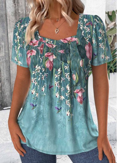 Modlily Green Floral Print Short Sleeve Square Neck T Shirt - XL