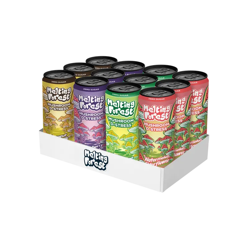 Mushroom D-Stress Drink – 12 Pack Variety, Flavored Water for Calm & Relaxation Fruit Natural