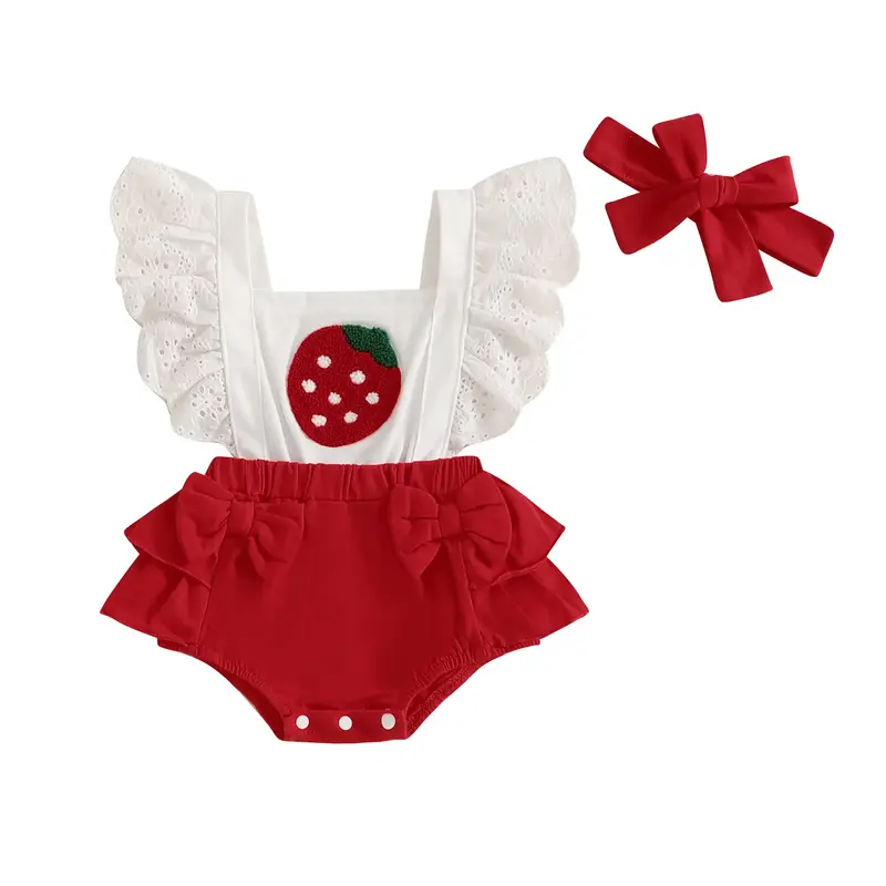 Newborn Baby Girls Outfit Strawberry Embroidery Bodysuit Lace Fly Sleeve Bowknot Ruffle Romper Summer Clothes