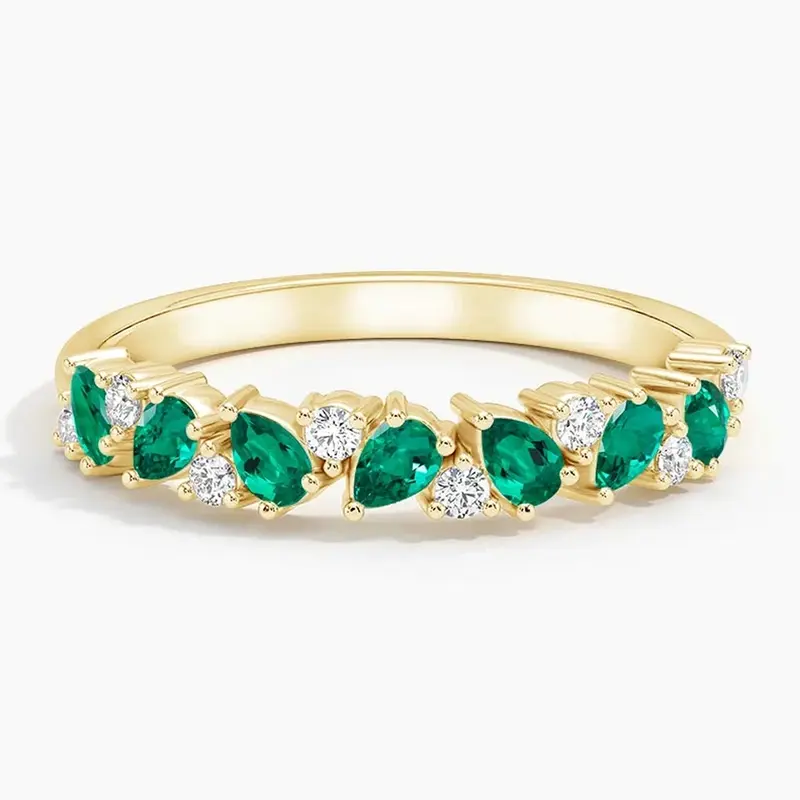 18K Gold 1 CT.T.W. Pear Cut Lab Created Emerald & Round Cut Diamond Eternity Custom Wedding Band