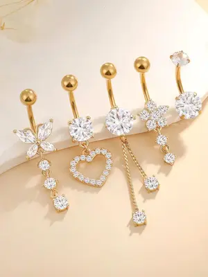 Rhinestone Decor Belly Button Ring, Cute Butterfly Flower & Love Heart Charm Belly Ring, Body Jewellery for Women & Girls Val...