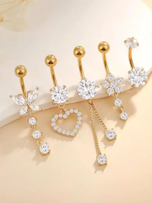 Rhinestone Decor Belly Button Ring, Cute Butterfly Flower & Love Heart Charm Belly Ring, Body Jewellery for Women & Girls Val...
