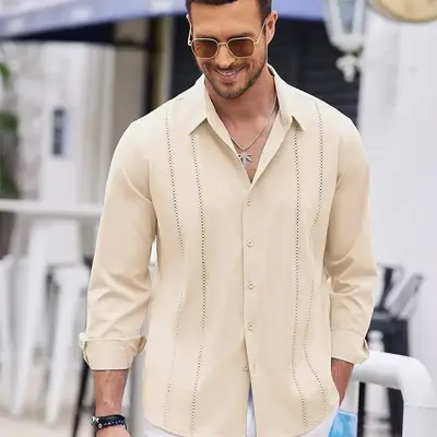 coofandy Men's Cuba Guayabera Exquisite Hollow Embroidered Button Front Shirt, Long sleeved Summer Beach Shirt Casual Regular...