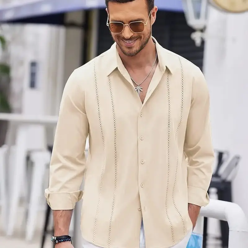 coofandy Men's Cuba Guayabera Exquisite Hollow Embroidered Button Front Shirt, Long sleeved Summer Beach Shirt Casual Regular...