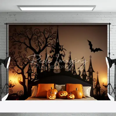 Black Orange Pumpkin Headboard Portrait Backdrop - Aperturee
