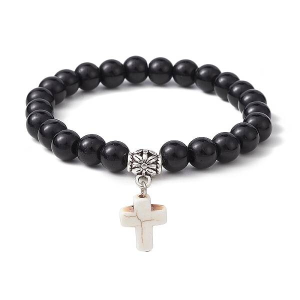 Synthetic Black Stone Round Beaded Stretch Bracelet